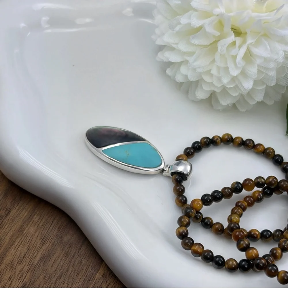 Vintage Sterling Silver 925 Abalone Turquoise Southwest Inlay Pendant Necklace